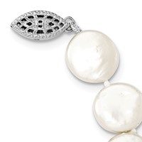 Sterling Silver Rhodium-plated 10-11mm White Coin Freshwater Cultured Pearl Necklace, 18" view 2