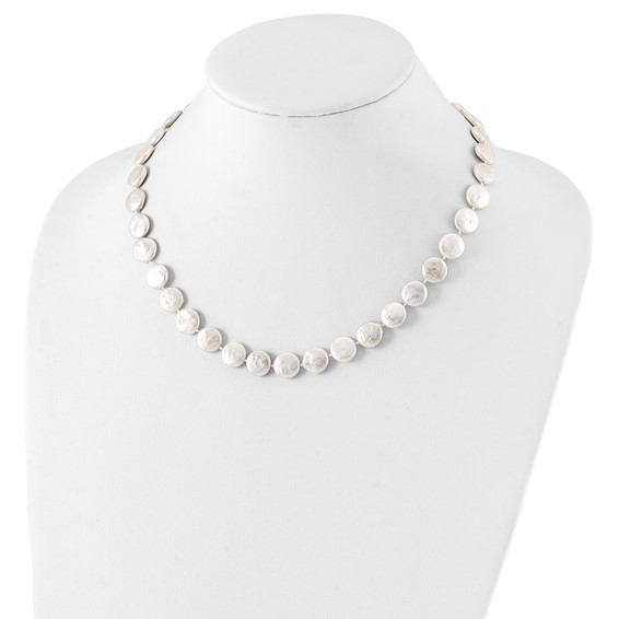 Sterling Silver Rhodium-plated 10-11mm White Coin Freshwater Cultured Pearl 18 inch Necklace