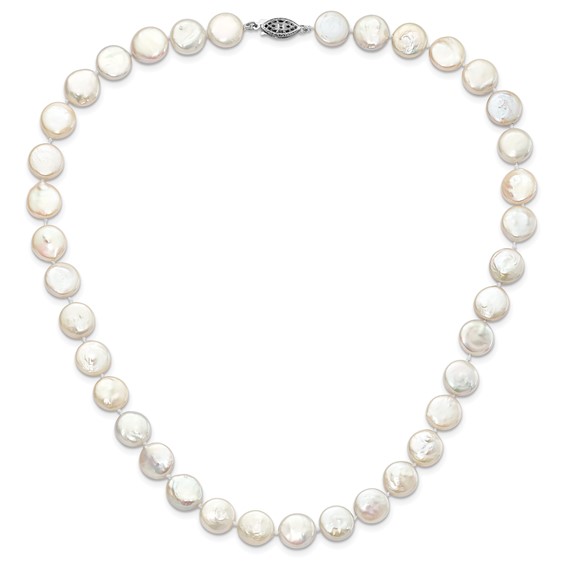Sterling Silver Rhodium-plated 10-11mm White Coin Freshwater Cultured Pearl 18 inch Necklace