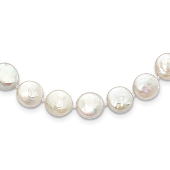 Sterling Silver Rhodium-plated 10-11mm White Coin Freshwater Cultured Pearl 18 inch Necklace