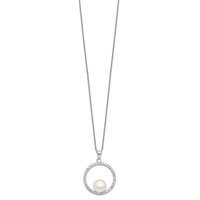 Sterling Silver Rhodium-plated 8-9mm White Button Freshwater Cultured Pearl and CZ Necklace, 17" view 2