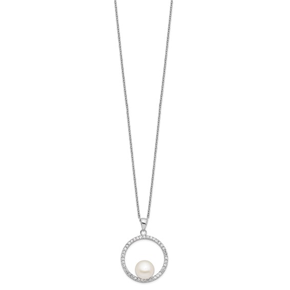 Sterling Silver Rhodium-plated 8-9mm White Button Freshwater Cultured Pearl and CZ 17 inch Necklace