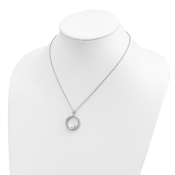 Sterling Silver Rhodium-plated 8-9mm White Button Freshwater Cultured Pearl and CZ 17 inch Necklace