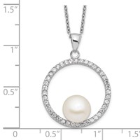 Sterling Silver Rhodium-plated 8-9mm White Button Freshwater Cultured Pearl and CZ Necklace, 17" view 3