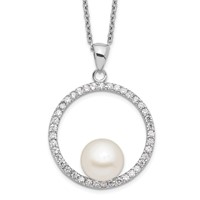 Sterling Silver Rhodium-plated 8-9mm White Button Freshwater Cultured Pearl and CZ Necklace, 17" view 1