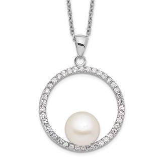 Sterling Silver Rhodium-plated 8-9mm White Button Freshwater Cultured Pearl and CZ 17 inch Necklace