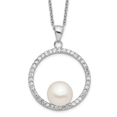 Sterling Silver Rhodium-plated 8-9mm White Button Freshwater Cultured Pearl and CZ Necklace, 17"