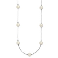 Sterling Silver Rhodium-plated 7-8mm White Near-Round Freshwater Cultured Pearl 9-Station Necklace, 16" view 2