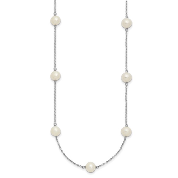 Sterling Silver Rhodium-plated 7-8mm White Near-Round Freshwater Cultured Pearl 9-Station 16 inch Necklace