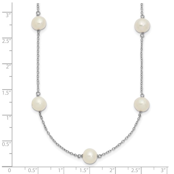 Sterling Silver Rhodium-plated 7-8mm White Near-Round Freshwater Cultured Pearl 9-Station 16 inch Necklace