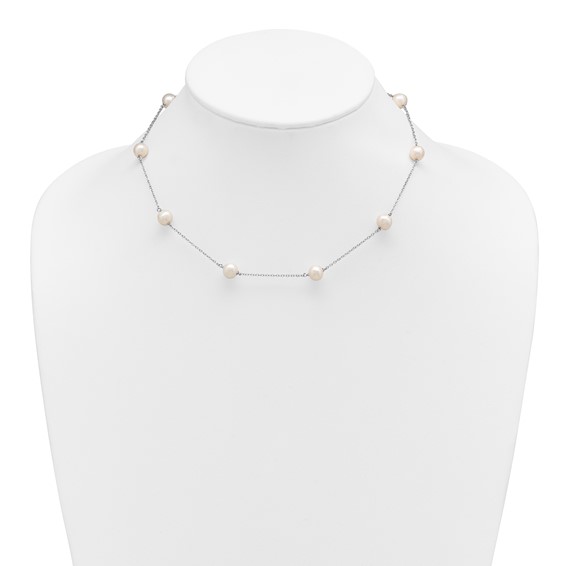 Sterling Silver Rhodium-plated 7-8mm White Near-Round Freshwater Cultured Pearl 9-Station 16 inch Necklace