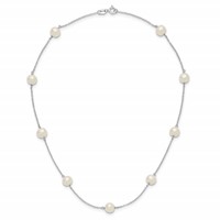 Sterling Silver Rhodium-plated 7-8mm White Near-Round Freshwater Cultured Pearl 9-Station Necklace, 16" view 4