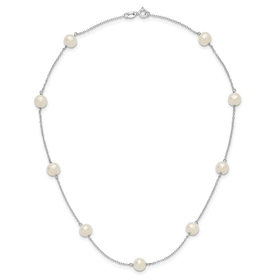Sterling Silver Rhodium-plated 7-8mm White Near-Round Freshwater Cultured Pearl 9-Station 16 inch Necklace