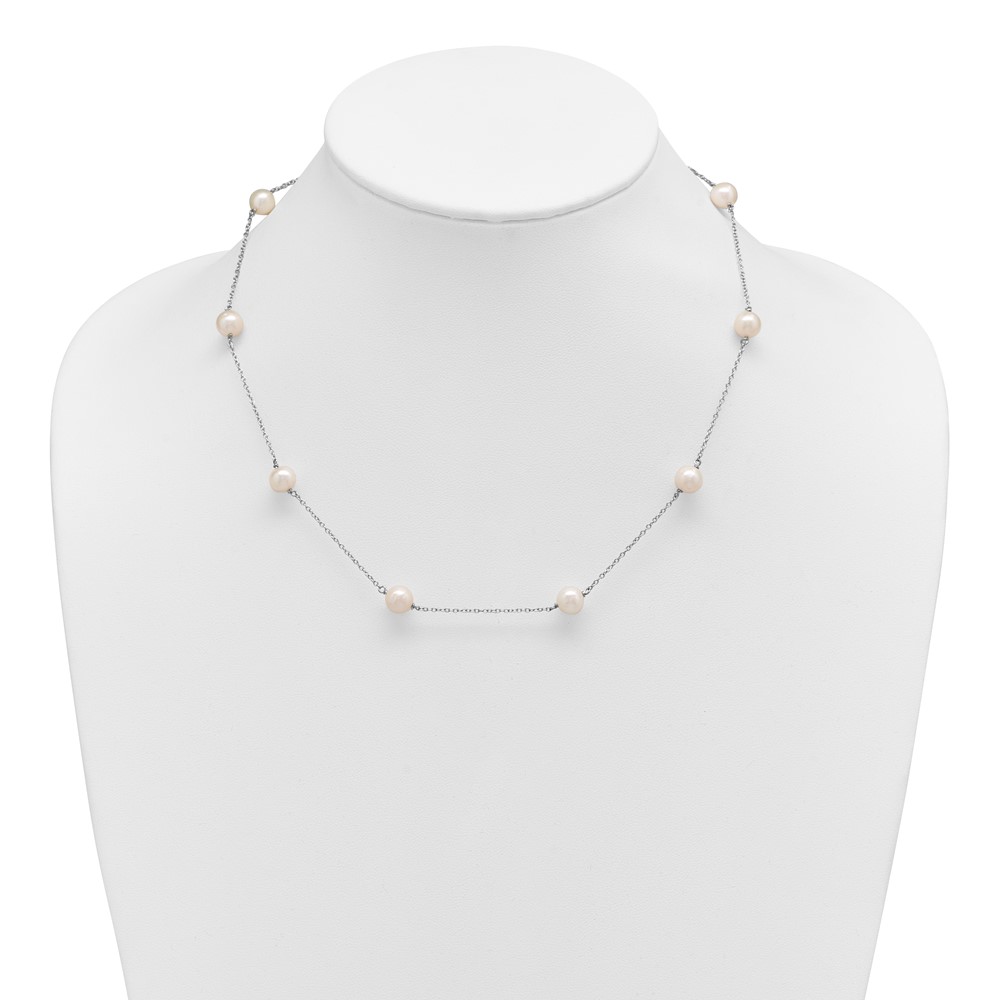 Sterling Silver Rhodium-plated 7-8mm White Near-Round Freshwater Cultured Pearl 9-Stations18 inch Necklace (QH5236-18)