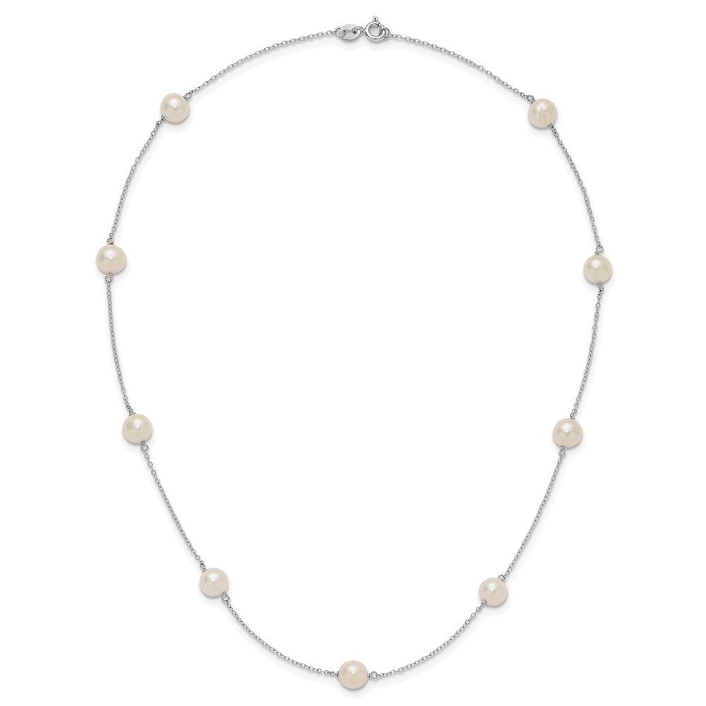 Sterling Silver Rhodium-plated 7-8mm White Near-Round Freshwater Cultured Pearl 9-Stations18 inch Necklace (QH5236-18)