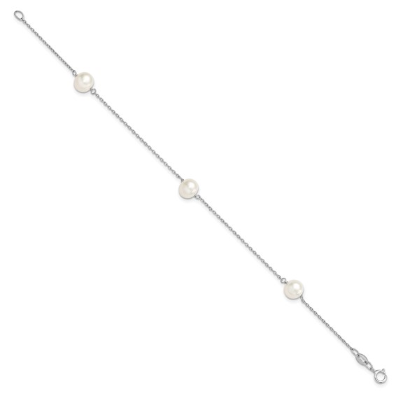 Sterling Silver Rhodium-plated 7-8mm White Semi-Round Freshwater Cultured Pearl 3-Station 7.5 inch Bracelet