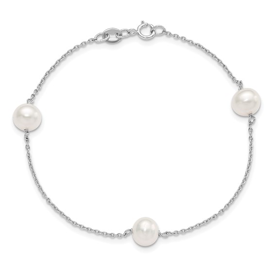 Sterling Silver Rhodium-plated 7-8mm White Semi-Round Freshwater Cultured Pearl 3-Station 7.5 inch Bracelet