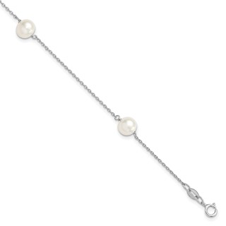 Sterling Silver Rhodium-plated 7-8mm White Semi-Round Freshwater Cultured Pearl 3-Station 7.5 inch Bracelet