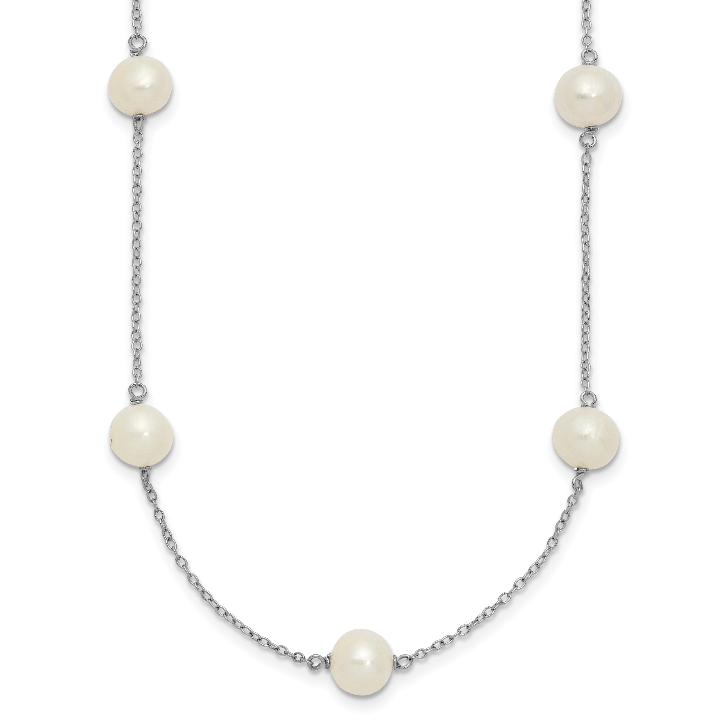Sterling Silver Rhodium-plated 7-8mm White Near-Round Freshwater Cultured Pearl 9-Station 16 inch Necklace (QH5236-16)