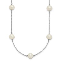 Sterling Silver Rhodium-plated 7-8mm White Near-Round Freshwater Cultured Pearl 9-Station Necklace, 16" view 1