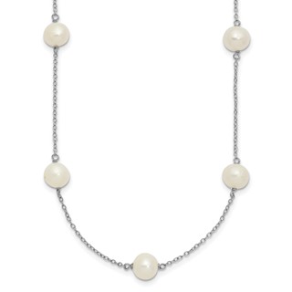 Sterling Silver Rhodium-plated 7-8mm White Near-Round Freshwater Cultured Pearl 9-Station 16 inch Necklace
