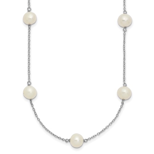 Sterling Silver Rhodium-plated 7-8mm White Near-Round Freshwater Cultured Pearl 9-Station Necklace, 16"