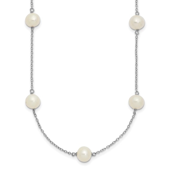 Sterling Silver Rhodium-plated 7-8mm White Near-Round Freshwater Cultured Pearl 9-Station 16 inch Necklace