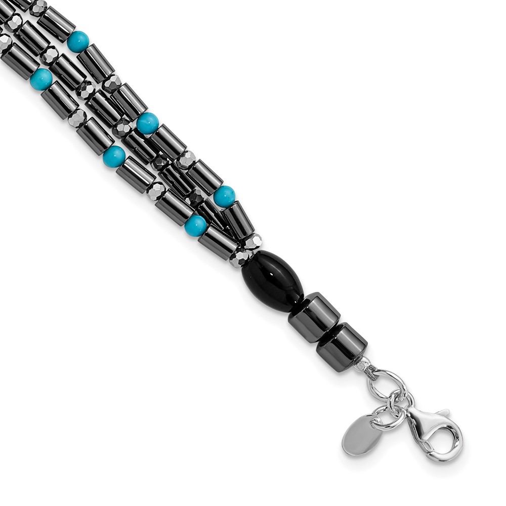 Sterling Silver Agate, Crystal, Hematite and Turquoise Multistrand Bracelet with Ext, 1"