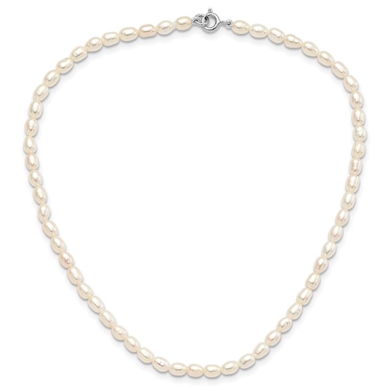 Sterling Silver Rhodium-plate 4-5mm White Rice Freshwater Cultured Pearl Children's 13 inch Necklace