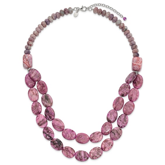 Sterling Silver Charoite, Jade, Pink and Purple Jasper w/2in ext Necklace