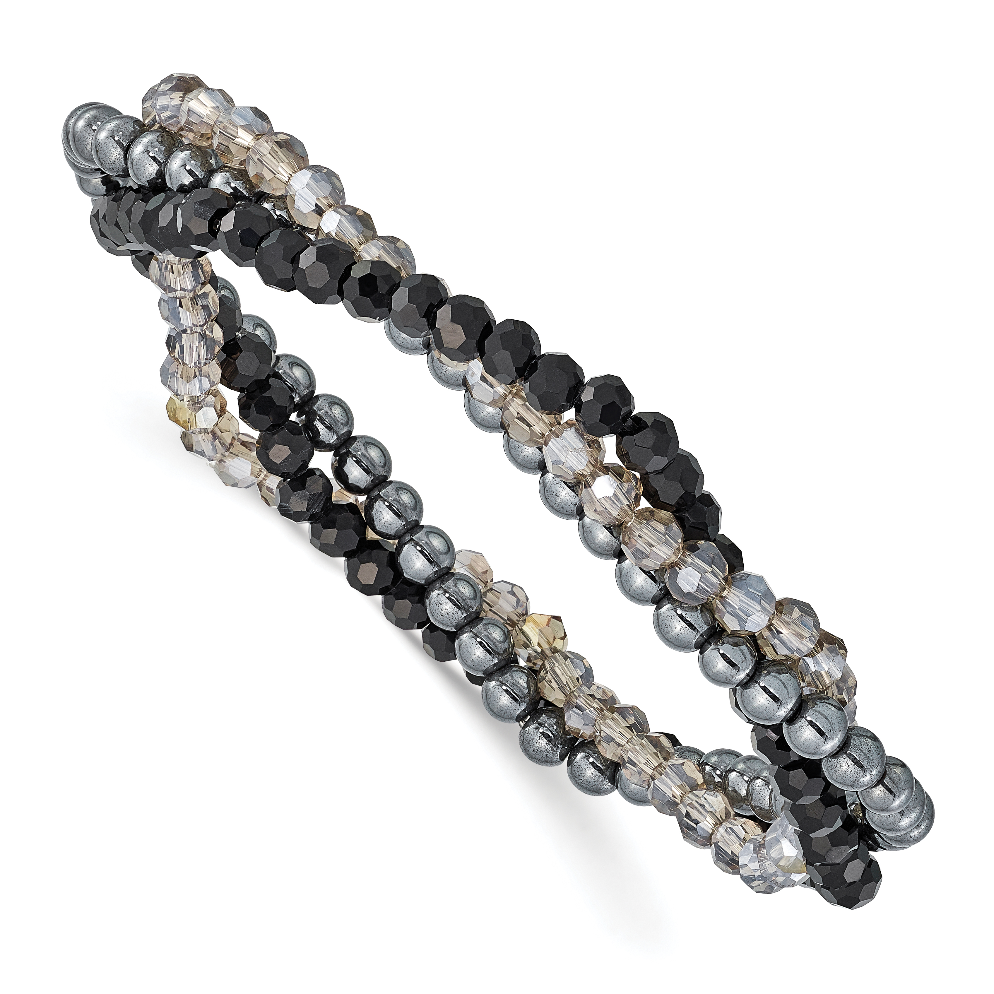 Sterling Silver Black and Smoky Crystal, Hematite 3pce Stretch Bracelet (QH5301)