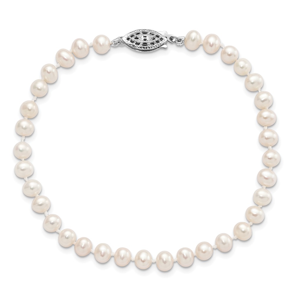 Sterling Silver Rhodium-plated 4-5mm White Near-Round Freshwater Cultured Pearl 7.25 inch Bracelet (QH5311-7.25)
