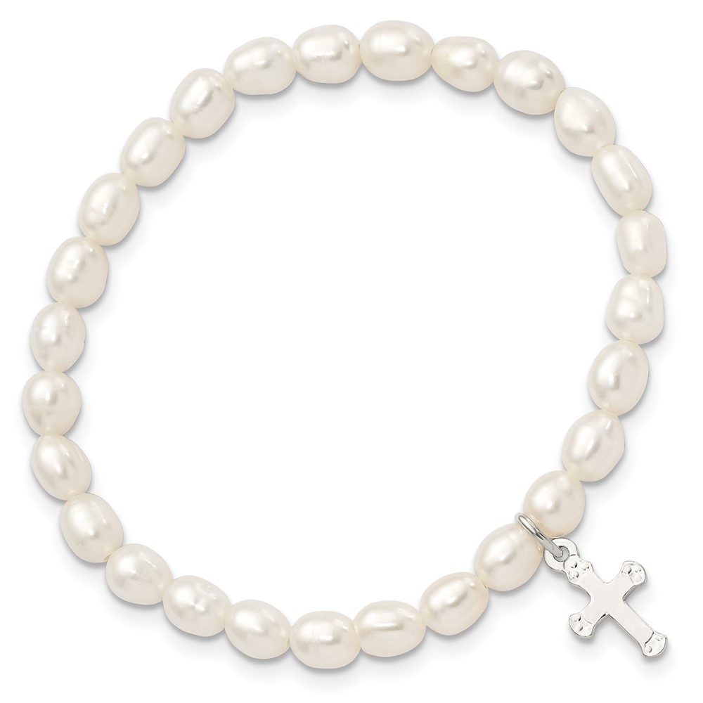 Sterling Silver Polished FWC Pearl & Cross Children's Stretch Bracelet (QH5323)