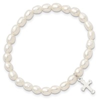 Sterling Silver Cross and Polished Fwc Pearl 45mm Stretch Bracelet view 2