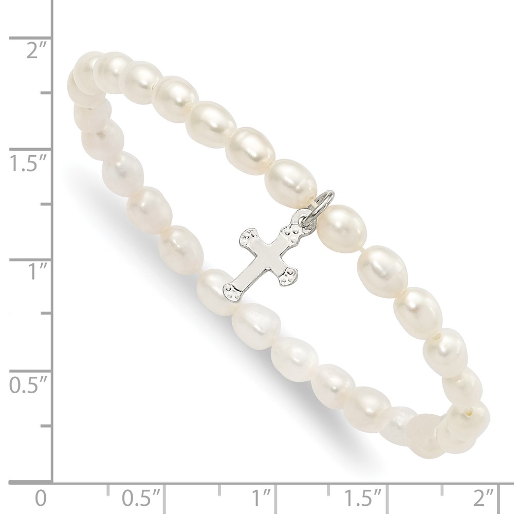 Sterling Silver Polished FWC Pearl & Cross Children's Stretch Bracelet (QH5323)