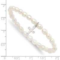 Sterling Silver Cross and Polished Fwc Pearl 45mm Stretch Bracelet view 3