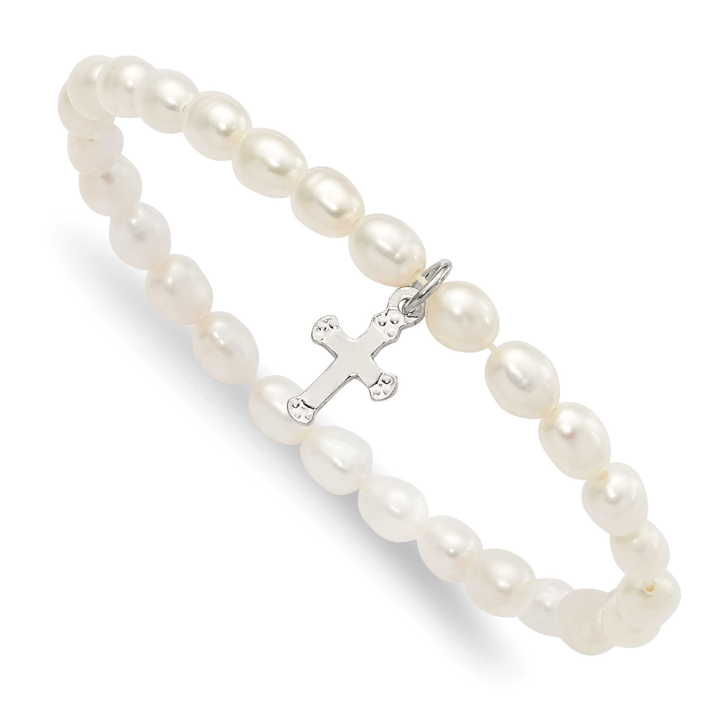 Sterling Silver Polished FWC Pearl & Cross Children's Stretch Bracelet (QH5323)