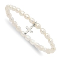 Sterling Silver Cross and Polished Fwc Pearl 45mm Stretch Bracelet view 1