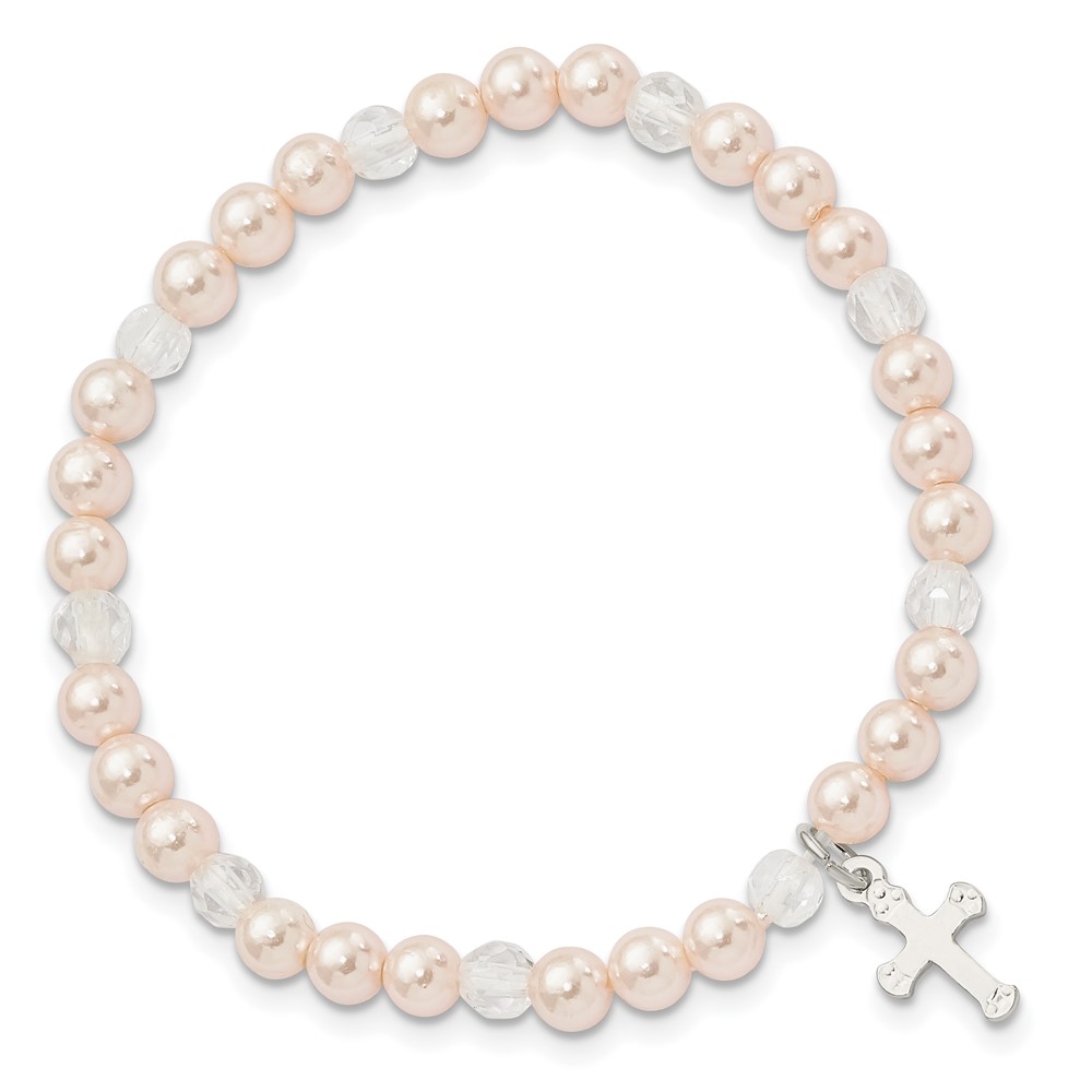 Sterling Silver Pink Shell Bead & Crystal Cross Children's Stretch Bracelet (QH5324)