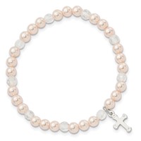 Sterling Silver Cross and Pink Shell Bead & Crystal 45mm Stretch Bracelet view 2
