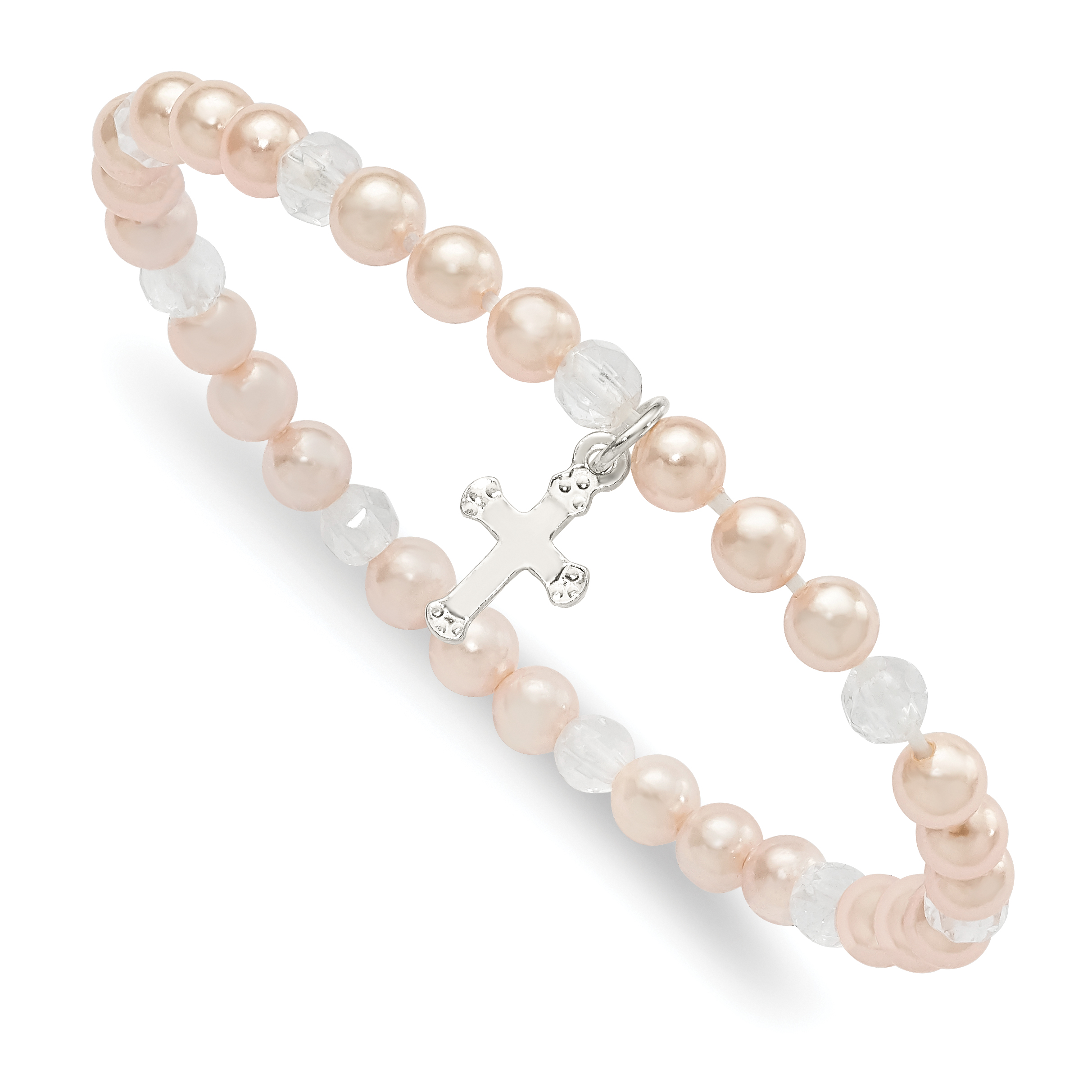 Sterling Silver Pink Shell Bead & Crystal Cross Children's Stretch Bracelet (QH5324)