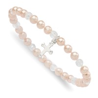Sterling Silver Cross and Pink Shell Bead & Crystal 45mm Stretch Bracelet view 1