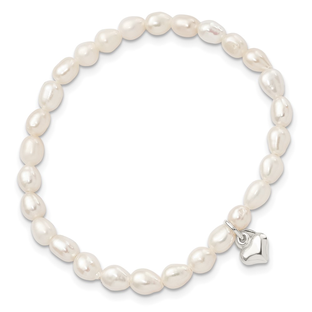 Sterling Silver Polished FWC Pearl & Heart Children's Stretch Bracelet (QH5325)