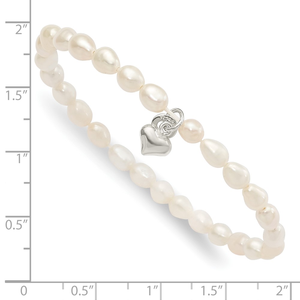 Sterling Silver Polished FWC Pearl & Heart Children's Stretch Bracelet (QH5325)