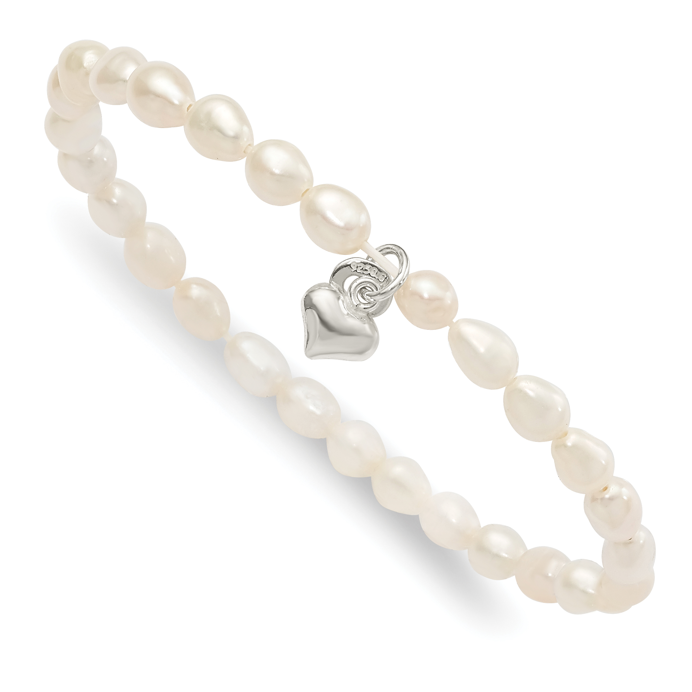 Sterling Silver Polished FWC Pearl & Heart Children's Stretch Bracelet (QH5325)