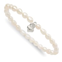 Sterling Silver Heart and Polished Fwc Pearl 45mm Stretch Bracelet view 1