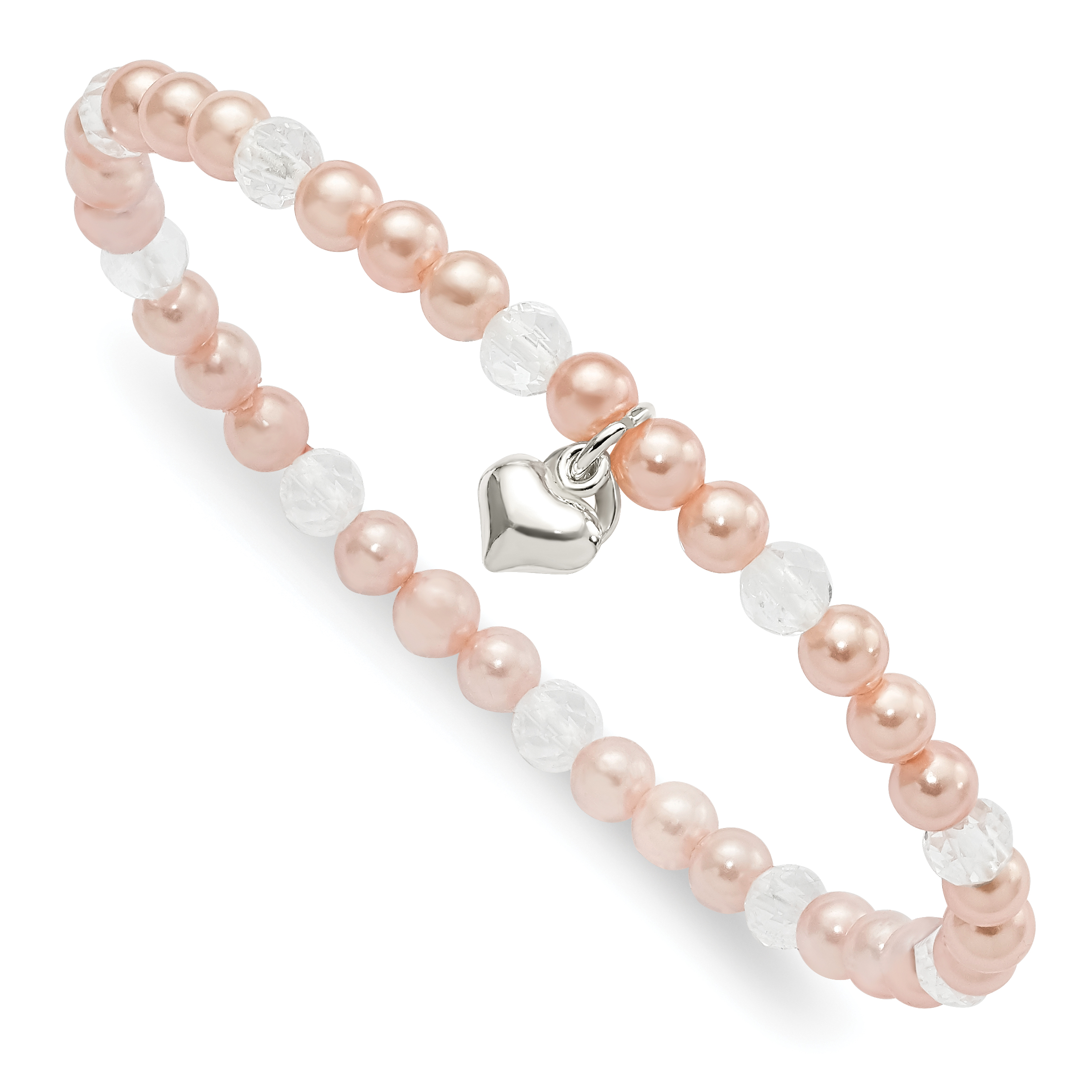 Sterling Silver Pink Shell Bead, Crystal & Heart Children's Stretch Bracele (QH5326)