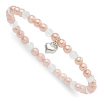 Sterling Silver Heart Pink Shell Bead and Crystal 45mm Stretch Bracelet view 1