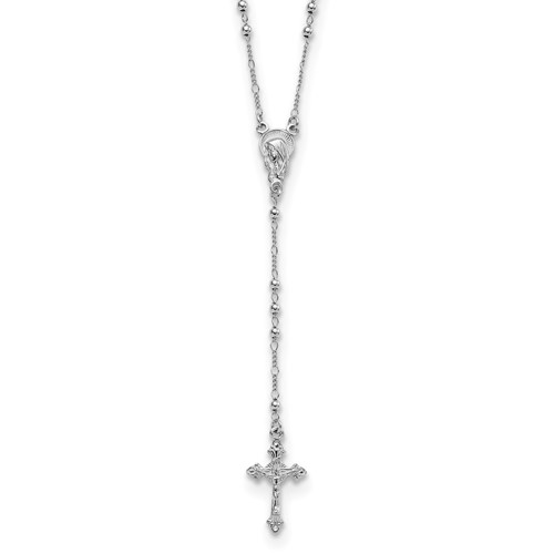 Sterling Silver Rhodium-plated Polished Beaded Rosary Necklace, 24"