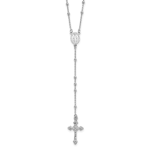 Sterling Silver Rhodium-plated Polished Beaded Rosary, 24"